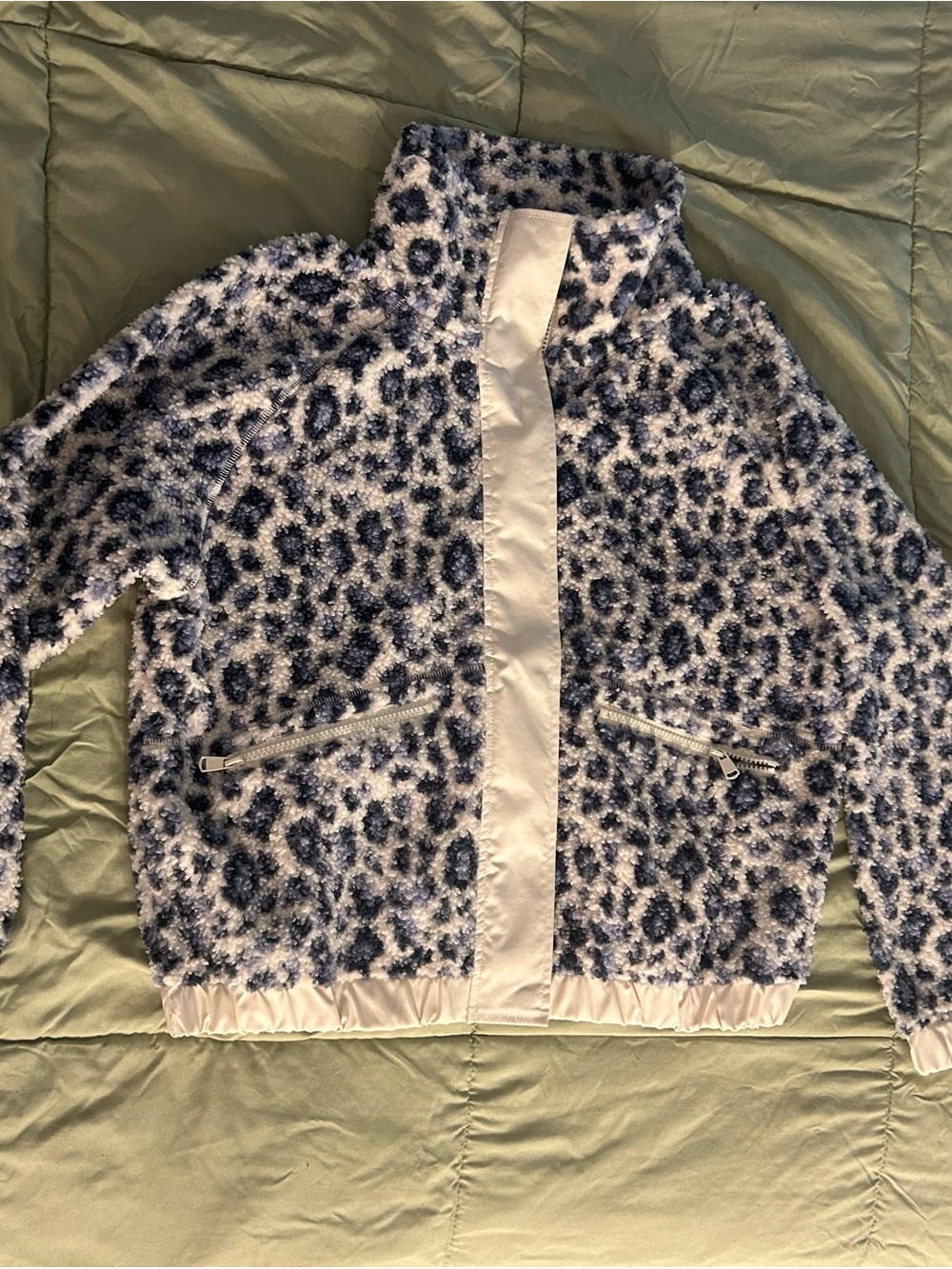 Faux Fur Leopard Bomber Jacket - Blue & White